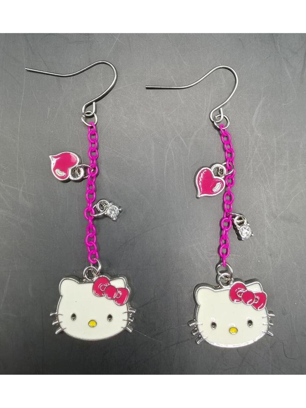 Hello Kitty Dangle Earrings with Pink Chain and Heart Charms